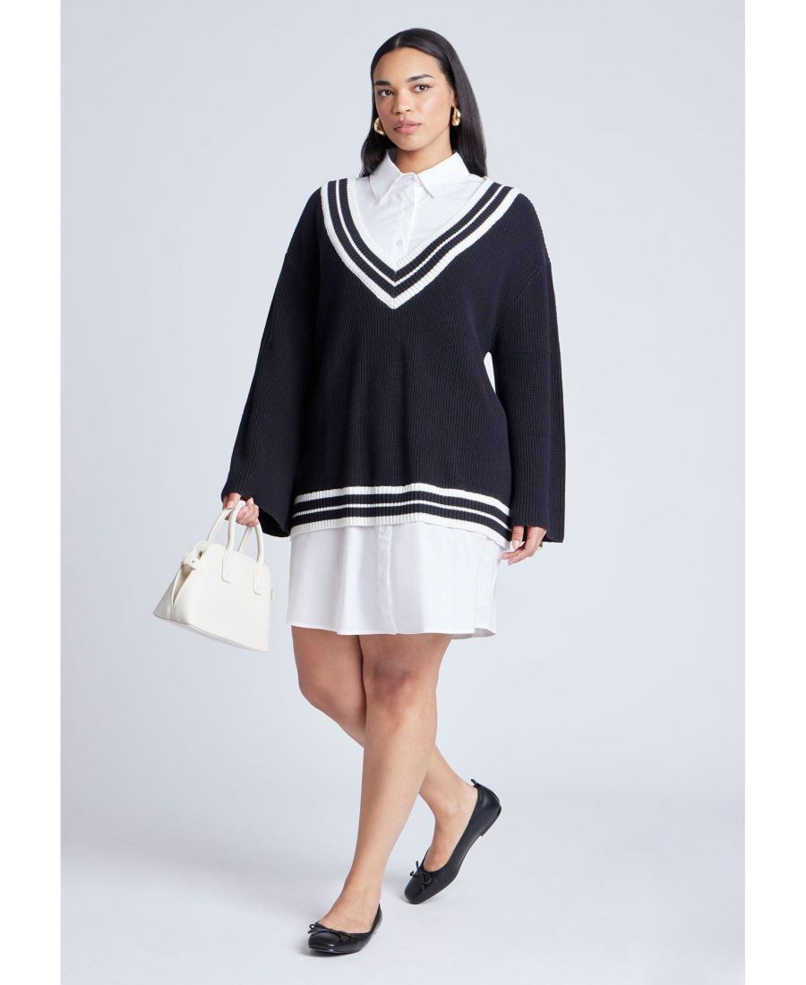 

Женский полосатый свитер больших размеров, мини-платье-рубашка в одном из двух вариантов ELOQUII, Black white