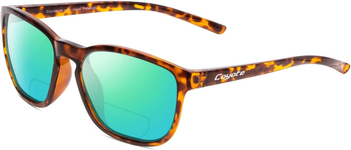 

Дизайнерские квадратные поляризованные солнцезащитные очки Coyote Rambler или бифокальные солнцезащитные очки | Унисекс | 53 мм, Tortoise Brown Frame/Green Mirror Lens