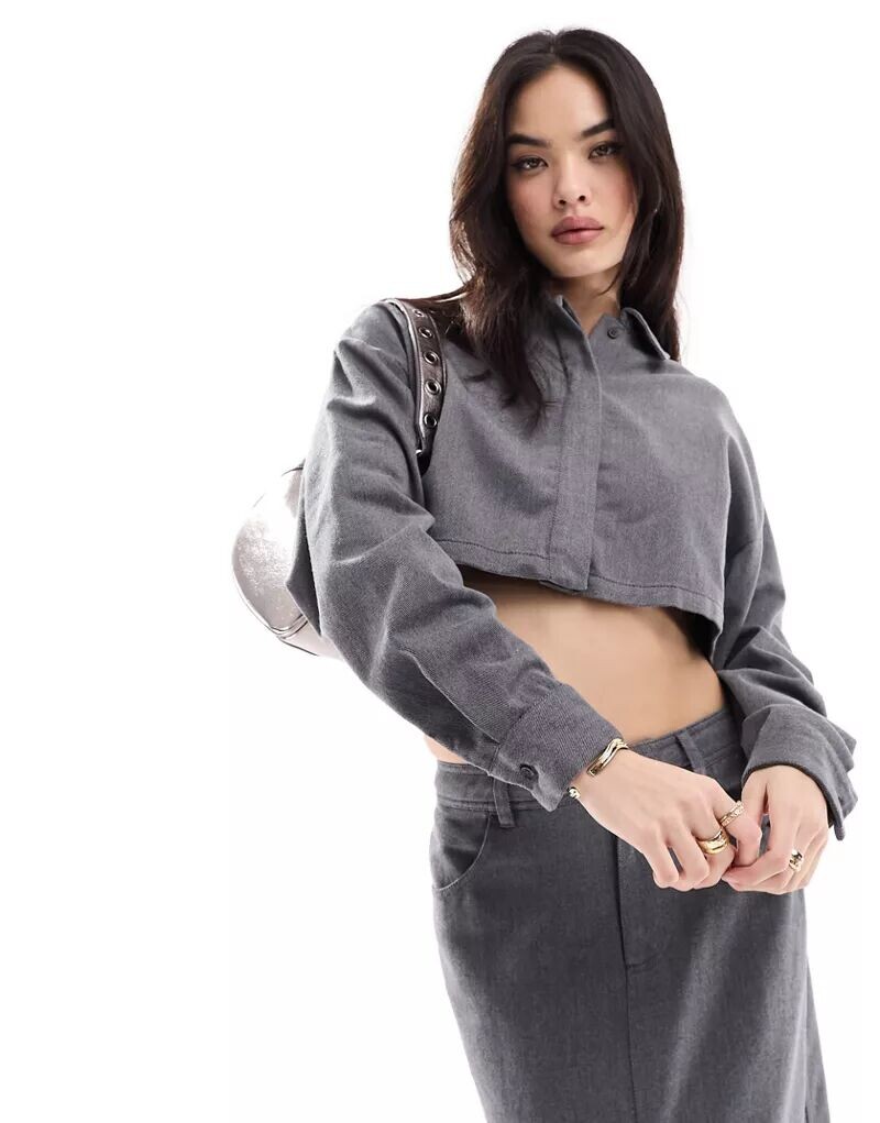 

Серая укороченная рубашка с начесом из фланели ASOS