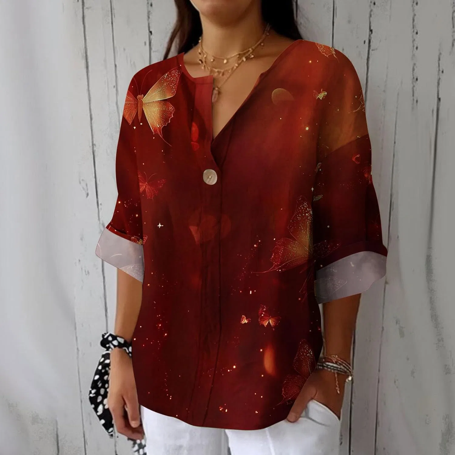 Футболка женская с градиентом, длинный рукав, V-образный вырез, Polyester, S-071 Red — фото 2
