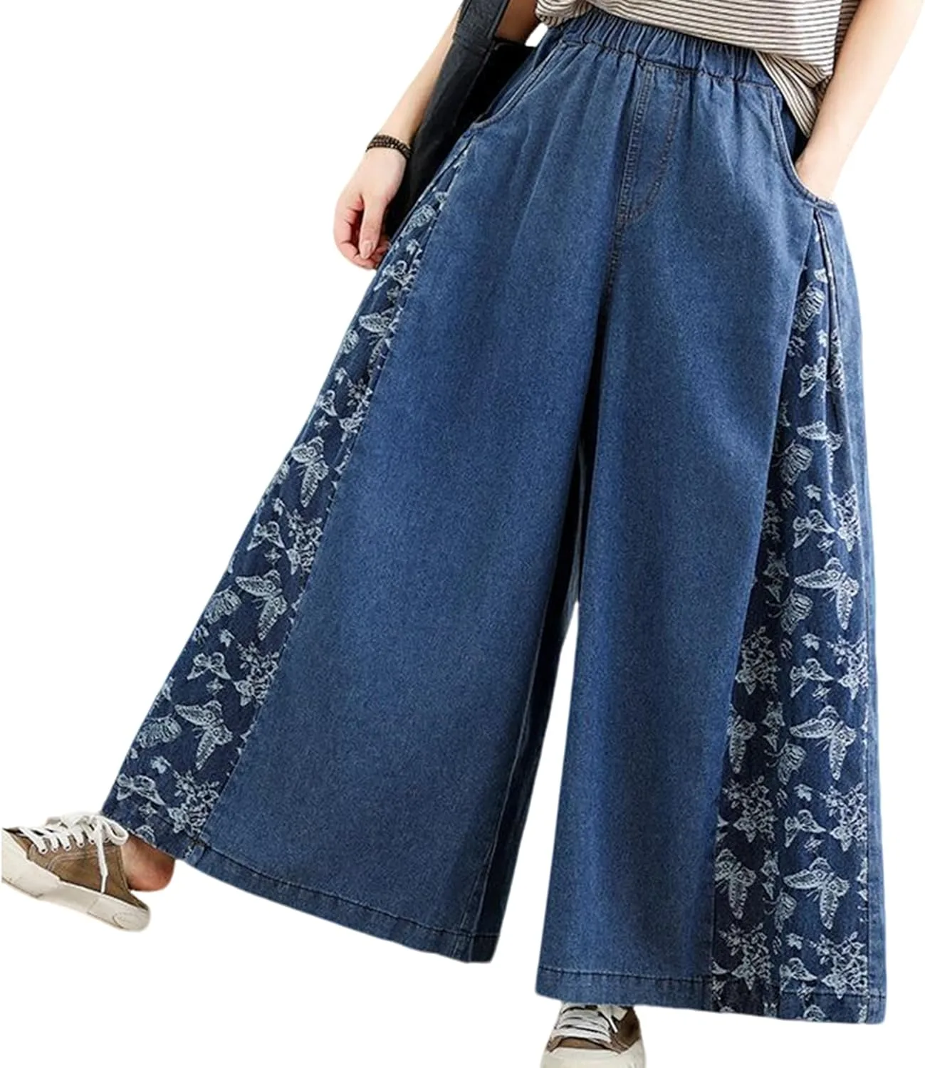 

Плюс сайз женские винтажные джинсы с широкими штанинами, свободный крой, принт бабочки и карманы MOYUYUNJIAN