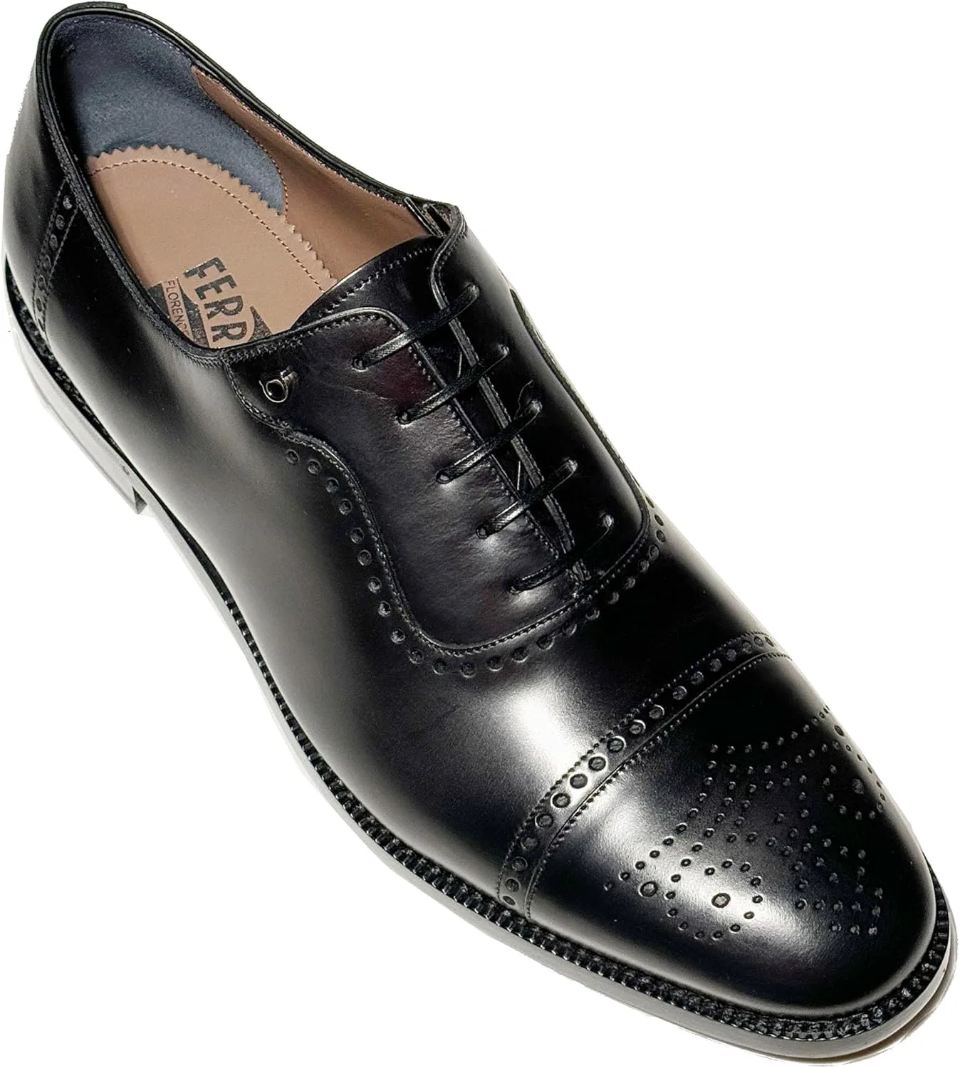 Мужские классические туфли Oxford Ferragamo LANNON черные из кожи с кап-то носком и брогированием, Gancini, Nero, черный — фото 3
