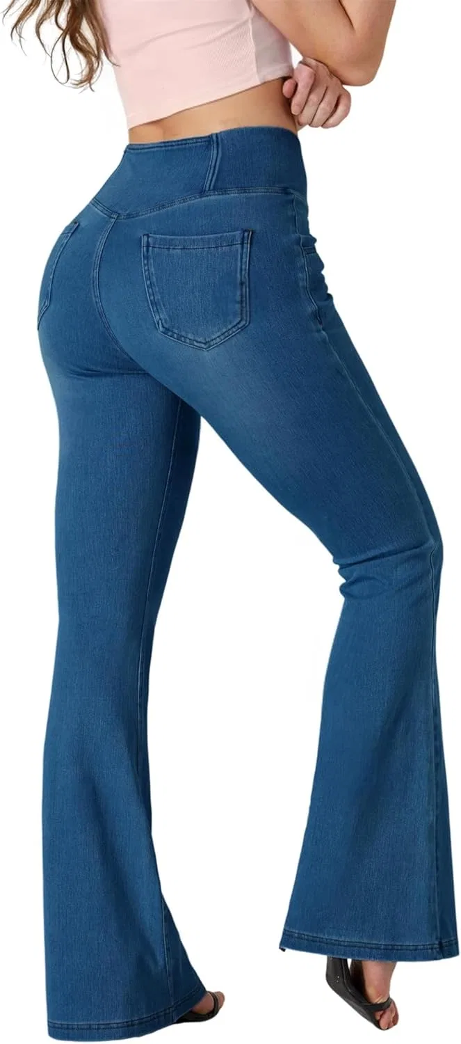 Джинсы клеш High Waisted Crossover Pocket Washed Casual Jeans, Dark Blue — фото 2