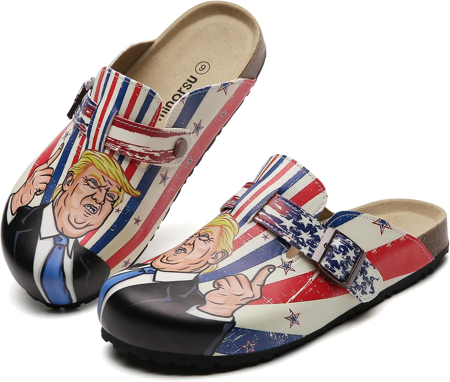 

Сабо Minorsu унисекс с изображением Трампа, сабо на пробковой стельке, сандалии-«картофельные тапочки» с регулируемой пряжкой и поддержкой свода стопы, с американским флагом, Graffiti