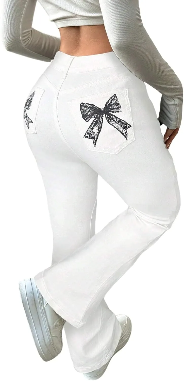 

LALAGEN женские джинсы клеш с бантом и принтом бабочки синие