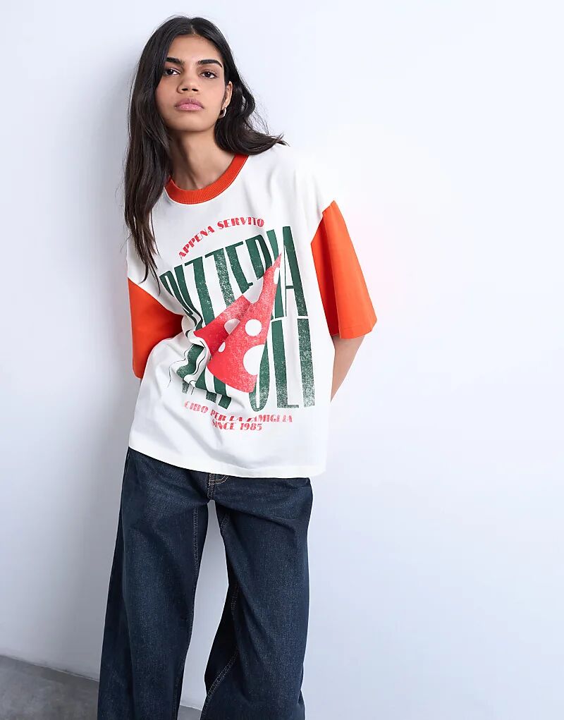 

Футболка Topshop свободного кроя с принтом «пиццерия» и контрастными рукавами белого цвета