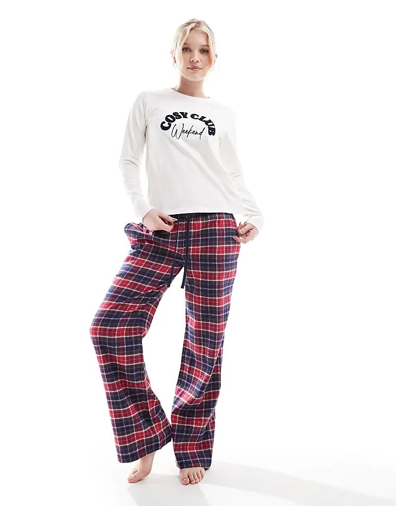 

Длинный пижамный комплект Threabare Cosy Club с красными клетчатыми брюками Threadbare