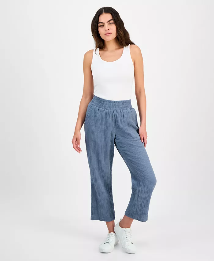 

Укороченные хлопковые брюки с высокой посадкой и присборенной талией DKNY Jeans, синий