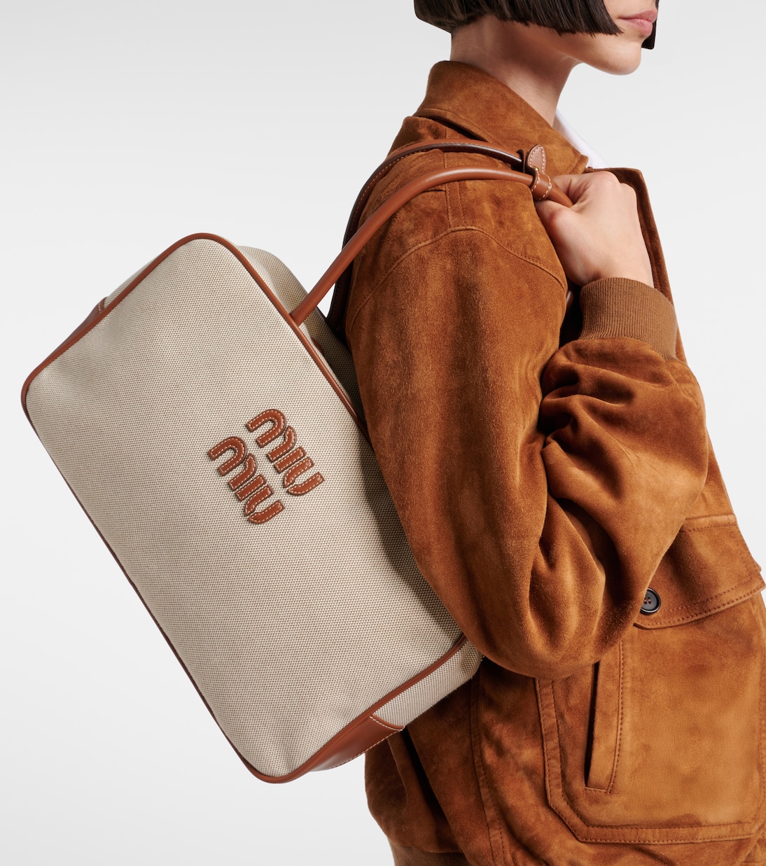 Сумка-тоут из холста с кожаной отделкой Beau Miu Miu, Naturale+Brandy — фото 2