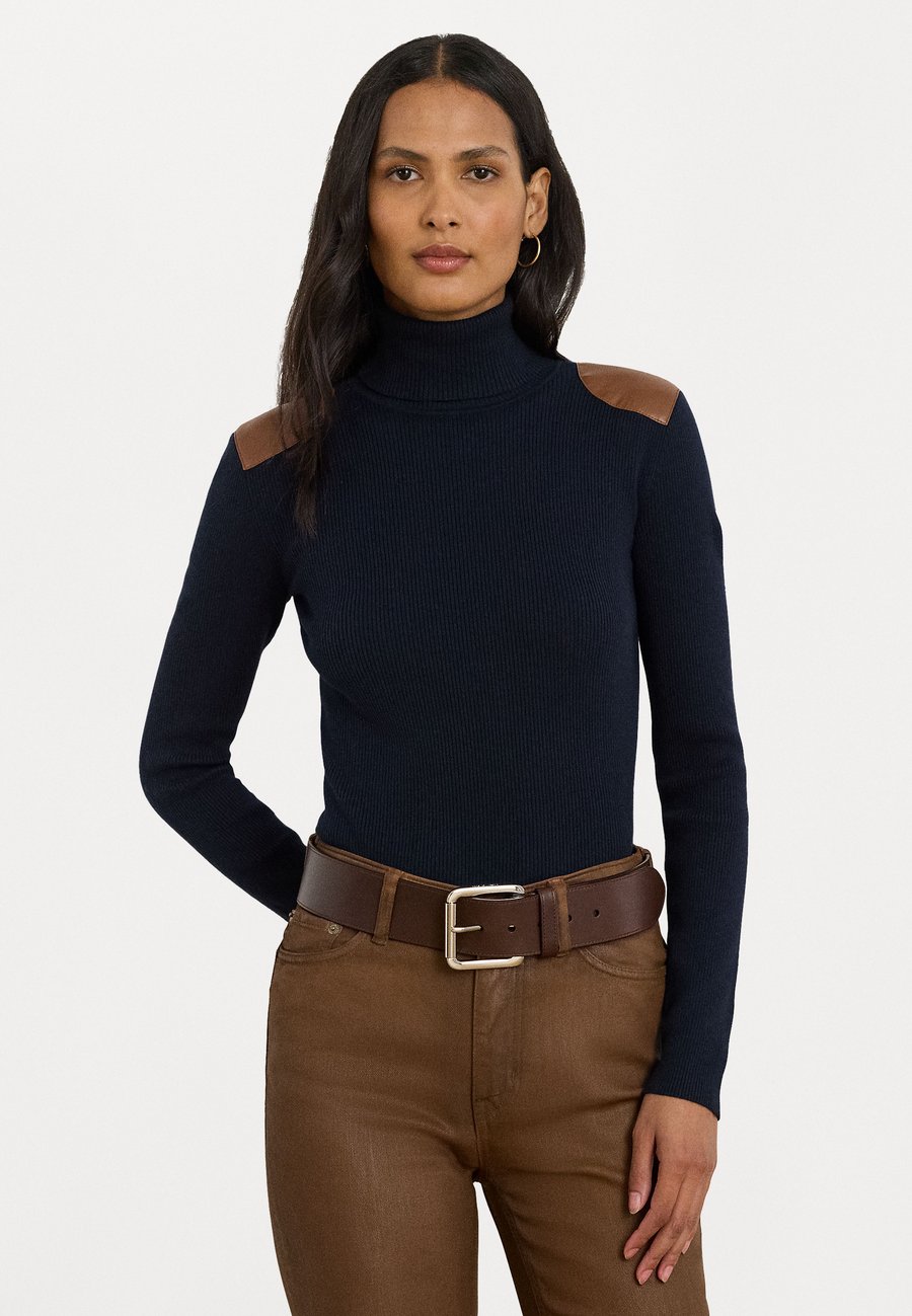 

Джемпер Lauren Ralph Lauren Petite FAUX-LEATHER-TRIM RIB-KNIT ROLL NECK, Lauren Navy/Dark Blue