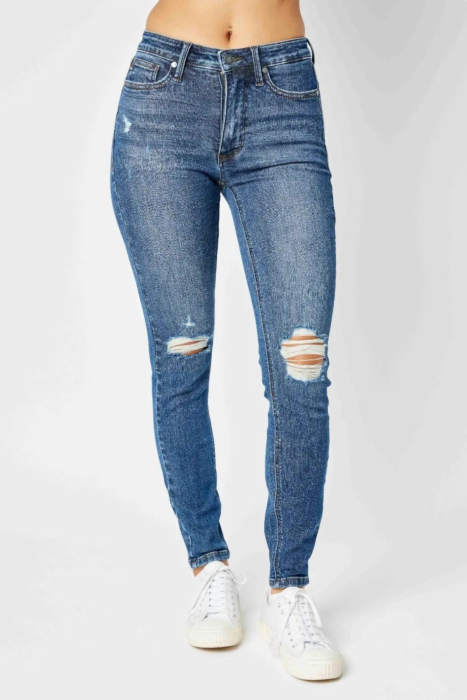 

Джинсы скинни средней посадки Tummy Control Destroy средней стирки Judy Blue, цвет medium wash
