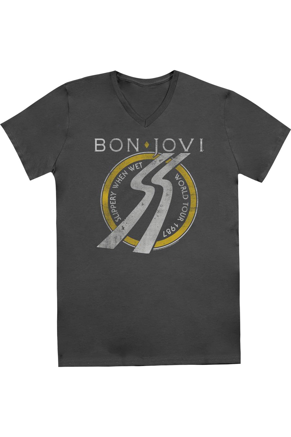 

Футболка Bon Jovi Slippery When Wet World Tour с коротким рукавом и V-образным вырезом для взрослых из премиального хлопка Gildan, цвет charcoal