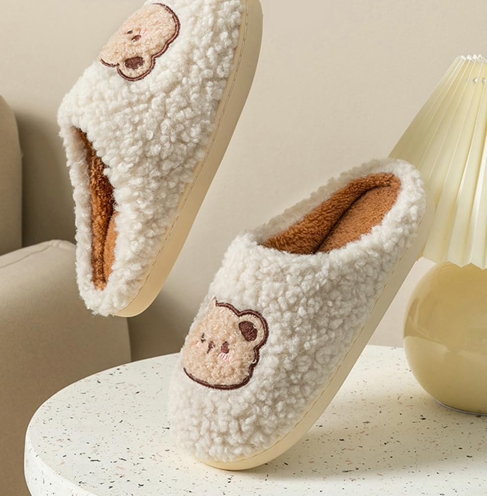 Тапочки Avilego Cute Cozy с мультяшным медвежонком, хлопковые, для дома и улицы, теплые, с нескользящей подошвой, мягкие плюшевые шлепанцы для женщин и мужчин, бежевый — фото 4