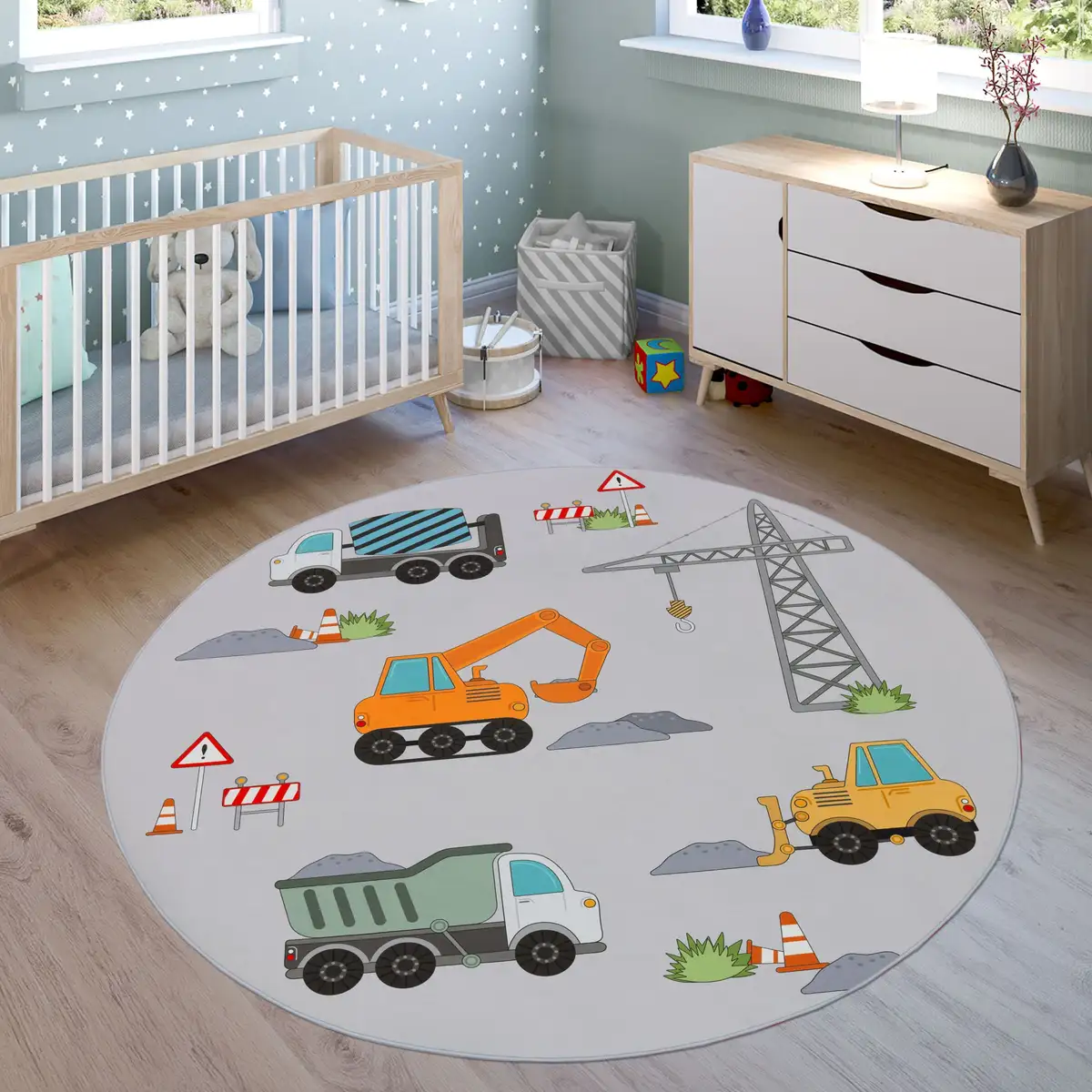 

Детский ковер Paco Home "Bino 579", круглый, игровой коврик, мотив "Машины и стройки", детская комната Ø 200 см, серый