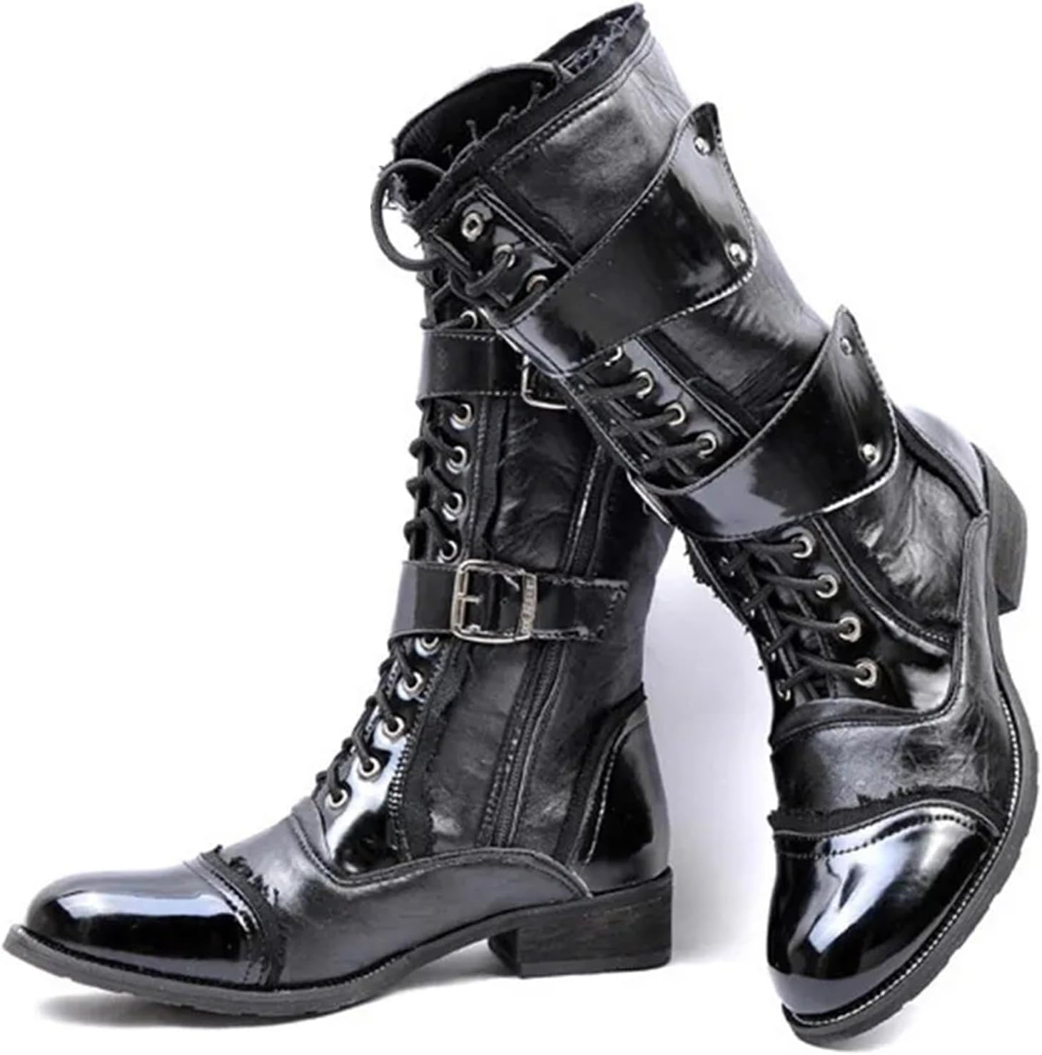 

Мужские высокие ботинки с заостренным носком, шнуровкой и пряжкой, боковой молнией Tebapi, черный