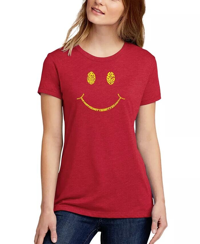 

Женская футболка премиум-класса Be Happy Smiley Face Word Art LA Pop Art, красный