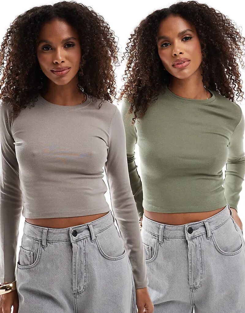 

2 футболки с длинными рукавами коричневого и хаки цвета Pull&Bear