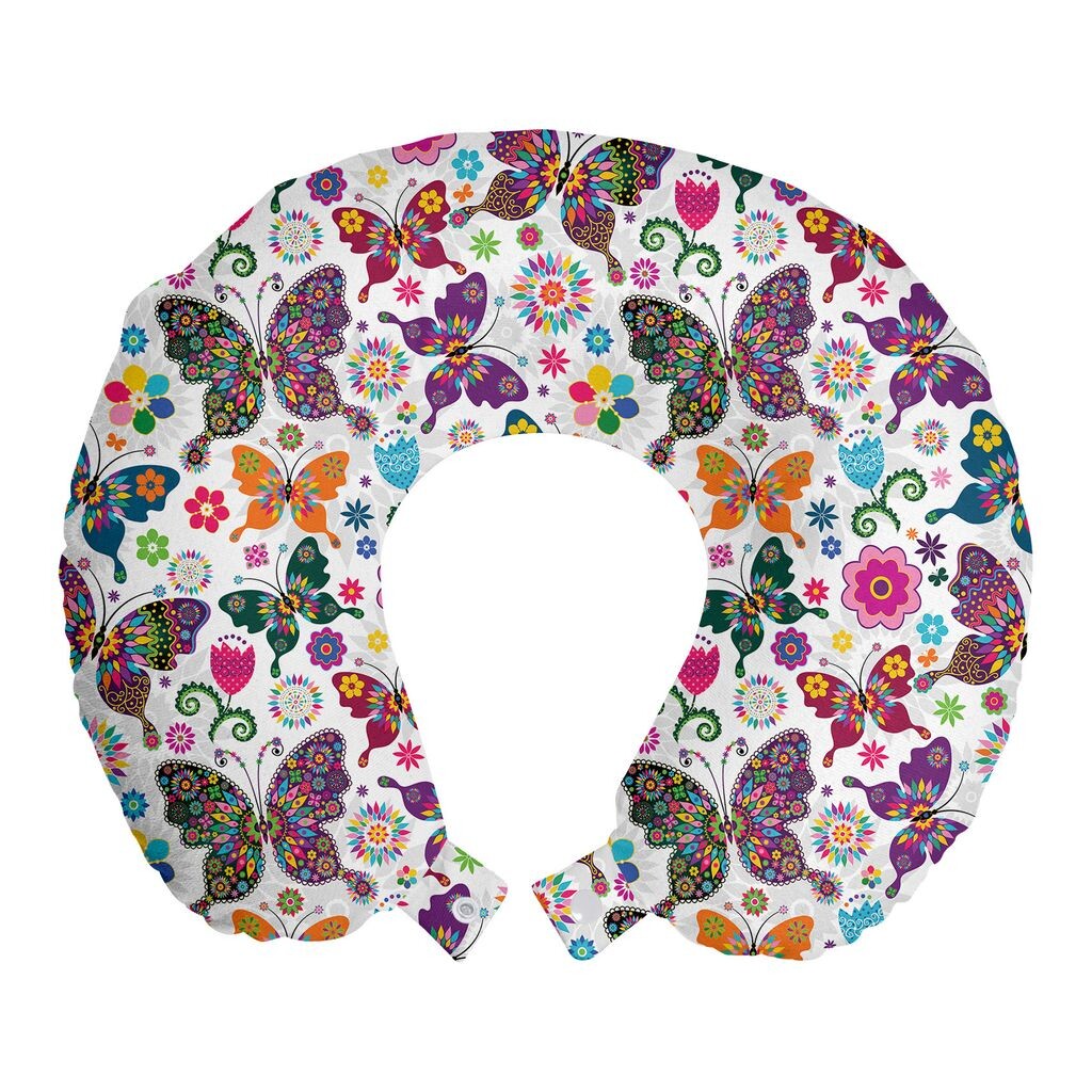 

ABAKUHAUS Butterfly Travel Pillow Подушка для шеи, орнамент в стиле ретро, ​​пенопластовые дорожные принадлежности для самолета и автомобиля, 30x30 см, разноцветные