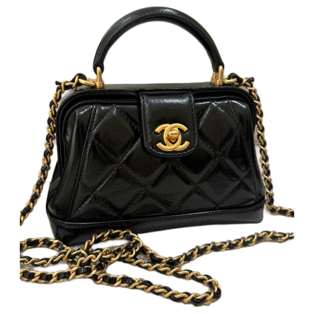 CHANEL Полированная кожаная сумка через плечо унисекс мини черный — фото 2