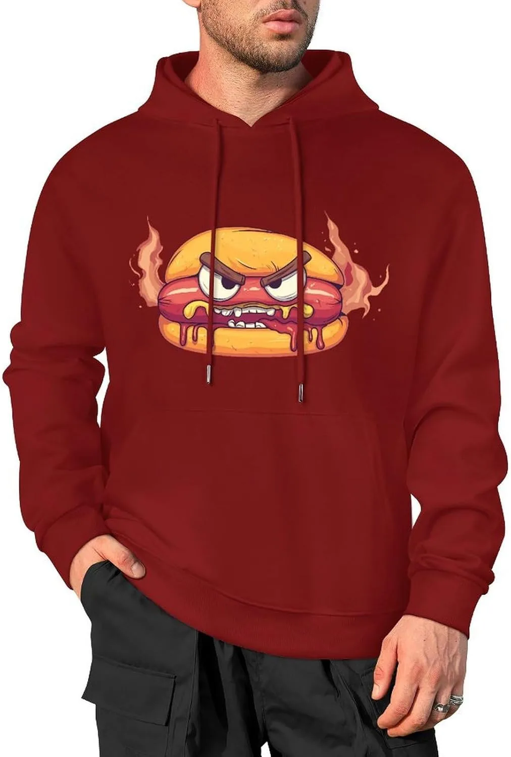 Толстовка Angry Hot Dog Hamburger Fashion с капюшоном для мужчин, хлопковая, с карманом Generic, темно-багровый
