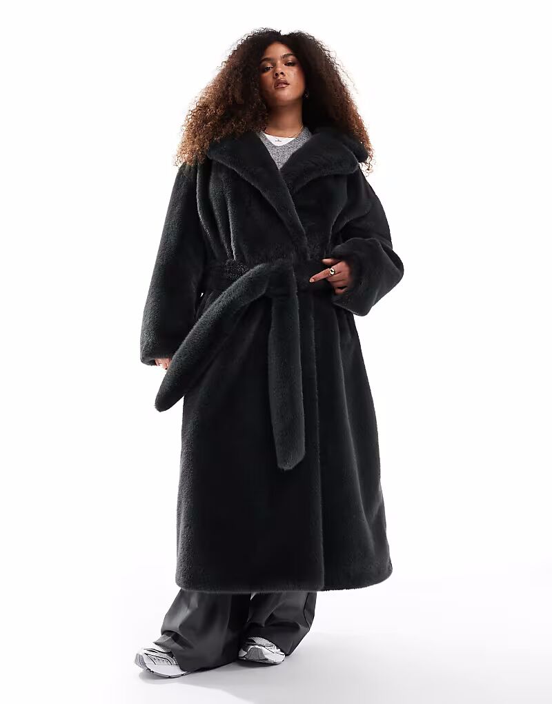 

Длинная шуба из искусственного меха с поясом ASOS DESIGN Curve в цвете «лесной зеленый»