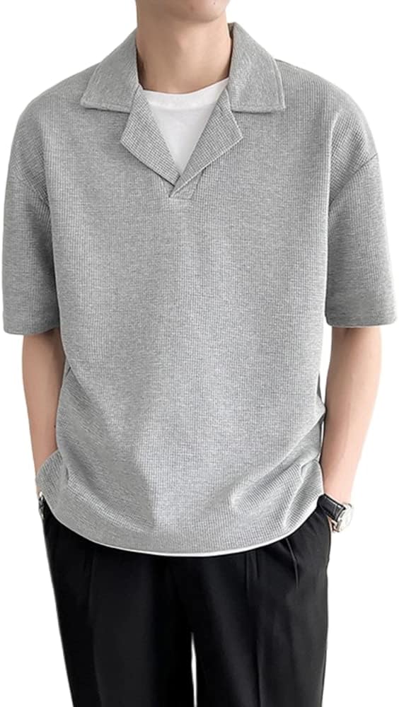 

Рубашка-поло Aimoha, короткий рукав, мужская, стильная, с открытым воротником, 100% хлопок, однотонная, вафельная, летняя, корейский стиль, однотонная, простая, свободный силуэт (M, серая)