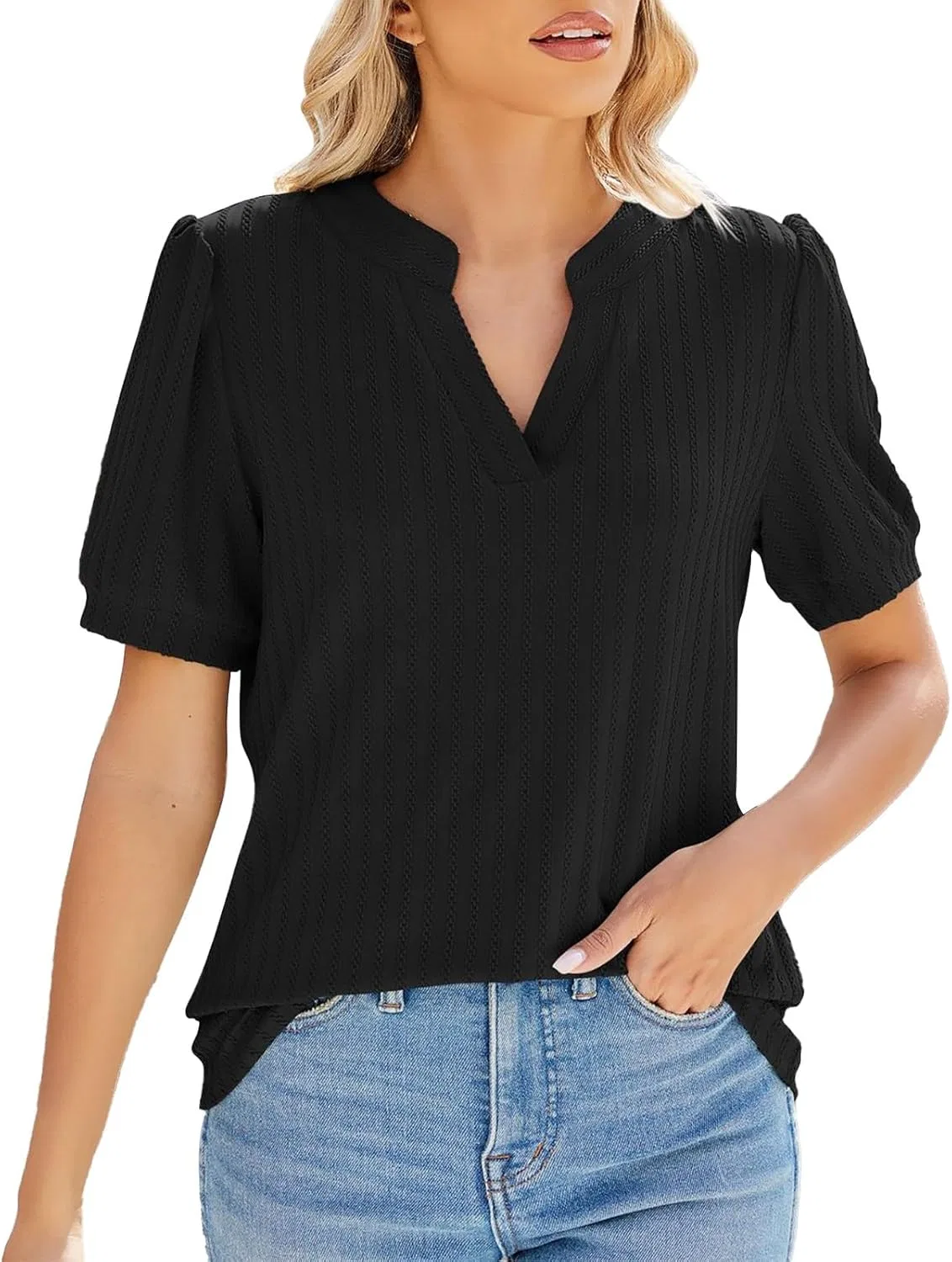 Блуза женская с V-образным вырезом и рюшами, Chain Jacquard, черный