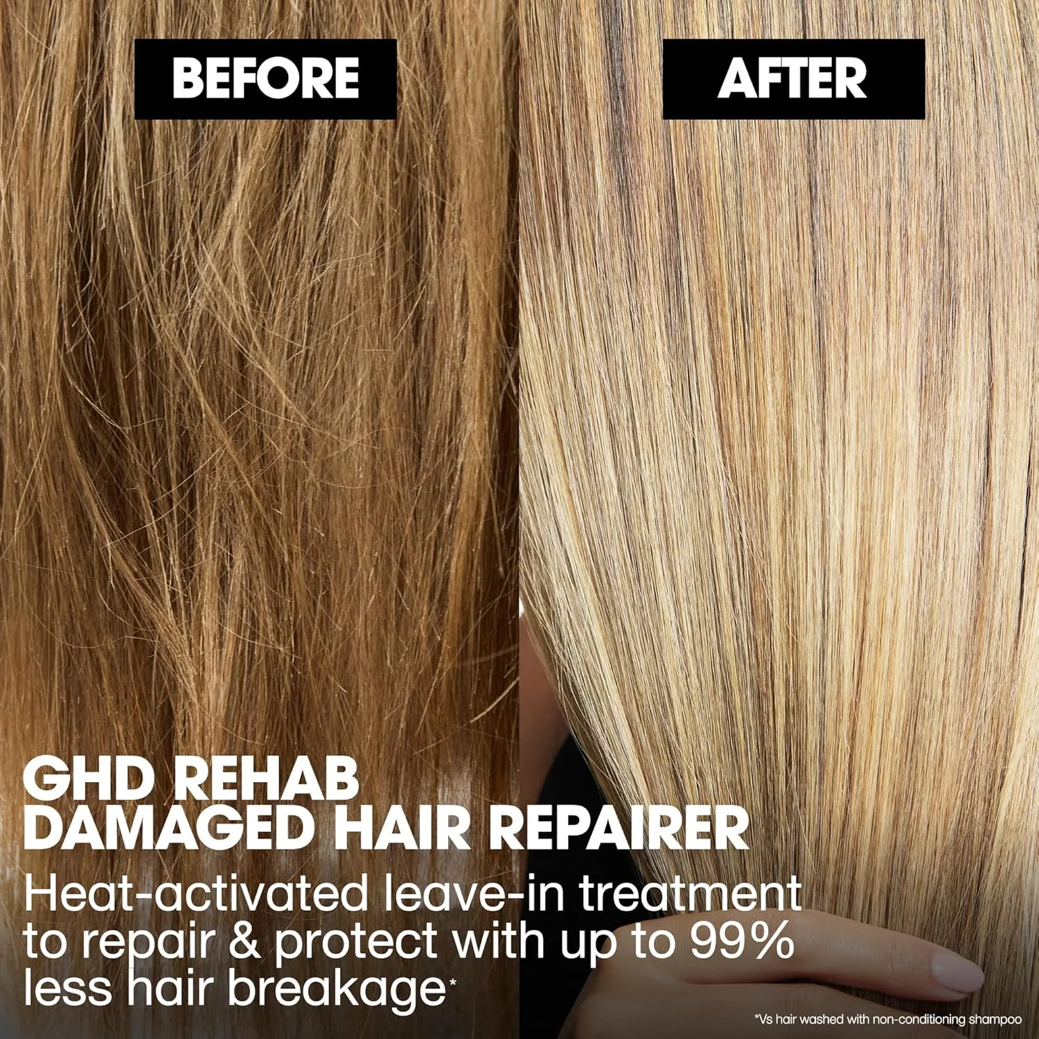 Несмываемый кондиционер для волос ghd Rehab улучшает состояние волос во время сушки и укладки, обеспечивая безупречный результат без смывания и выдержки. — фото 2