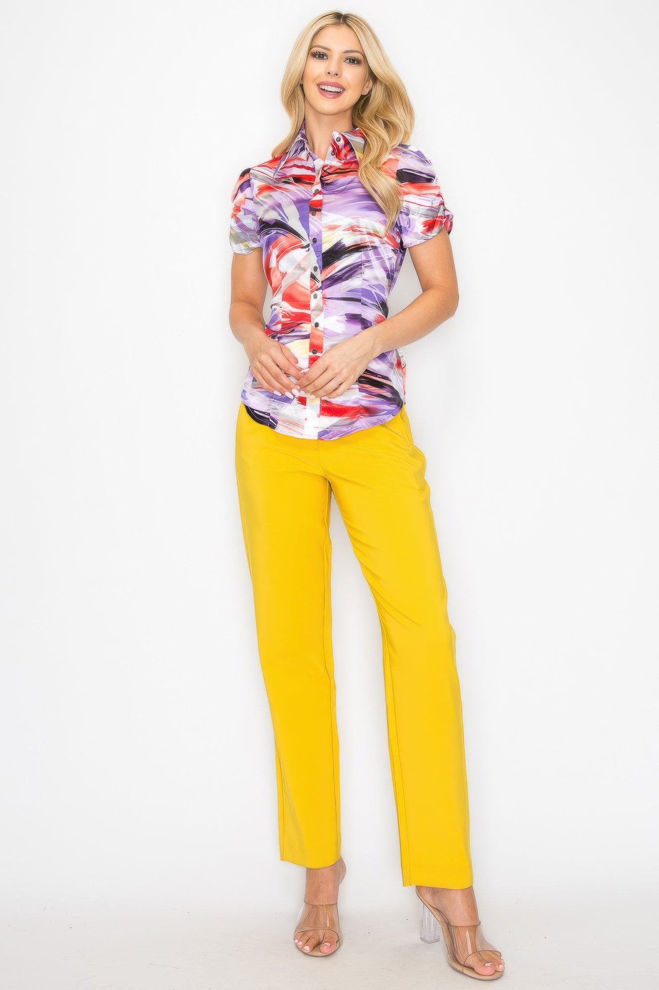 

Блузка акварельного цвета с короткими рукавами и поясом на кнопках Truedames, Multi