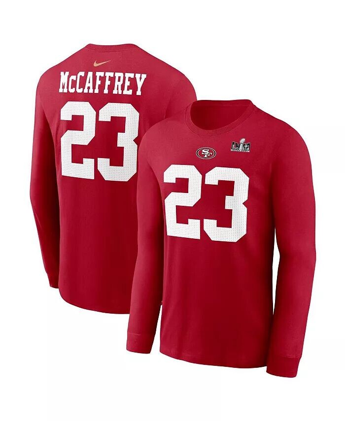 

Мужская футболка с длинным рукавом Christian McCaffrey Scarlet San Francisco 49ers Super Bowl LVIII с нашивкой на шею и номером игрока Nike