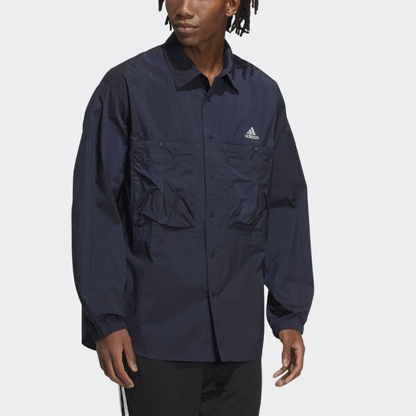 Рубашка Men's adidas Prsve J Solid Color Sports Cargo Long Sleeves Ink Blue Shirt, синий — фото 2