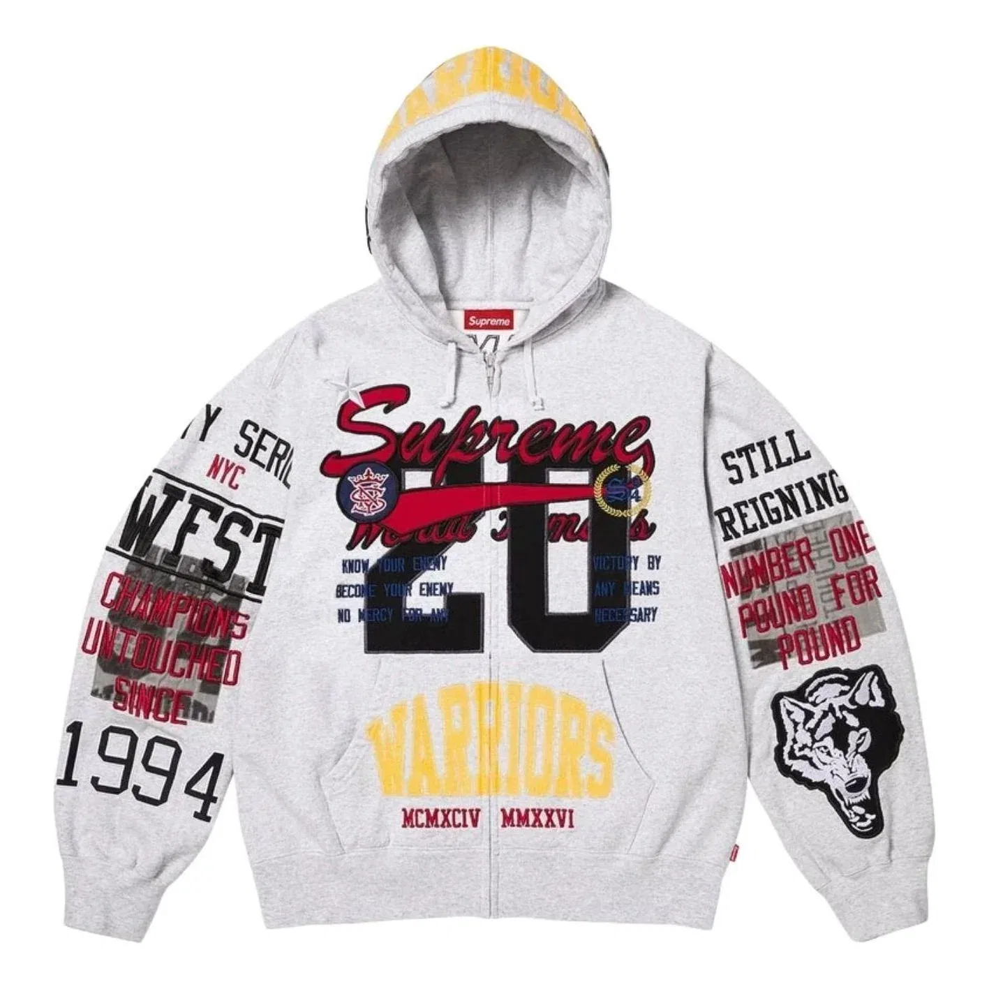 Толстовка Supreme SS26 Warriors с аппликацией и застежкой-молнией, цвет «Пепельно-серый» SUP-SS26-212-GRY