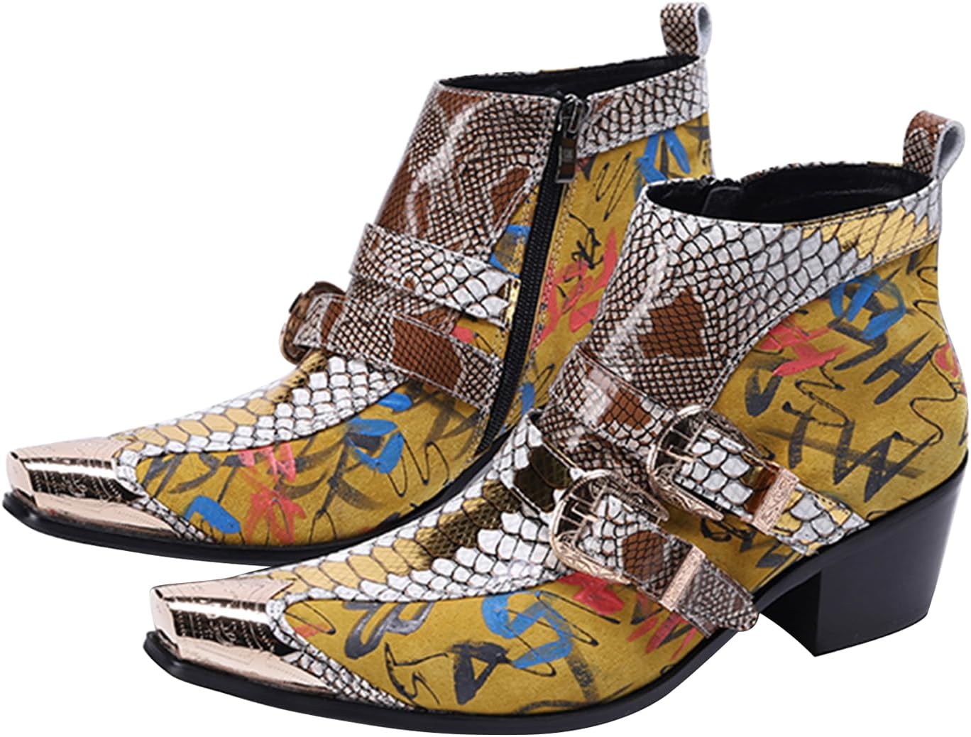 

Мужские ботинки Chelsea Santimon - настоящая кожа, западные ботинки до щиколотки с металлическим носком, молнией и пряжкой - двухцветные ботинки для торжеств и повседневной носки, для вечеринки, диско и выступлений, желтый