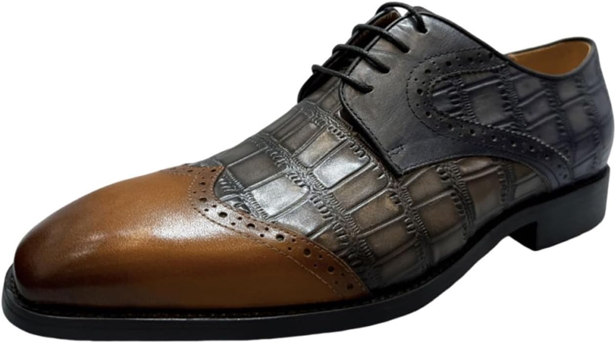 

Мужские оксфорды Santimon из натуральной кожи - шнуровка, крылья, носки-кап, броги с тисненым узором под крокодила для бизнеса, свадьбы, официальных мероприятий и офиса, серый