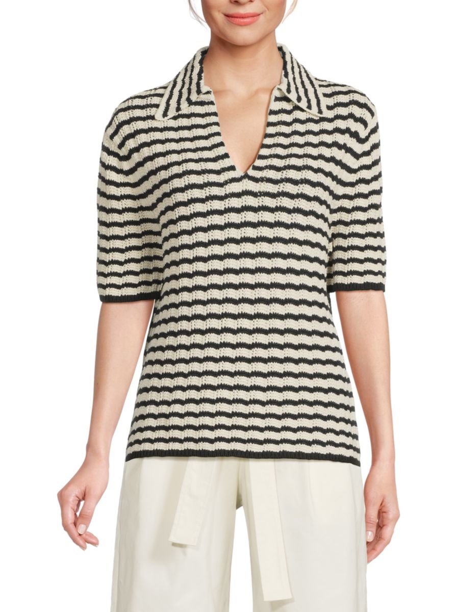 

Вязаный свитер-поло Logan с короткими рукавами и полосками A.L.C., цвет Parchment Navy