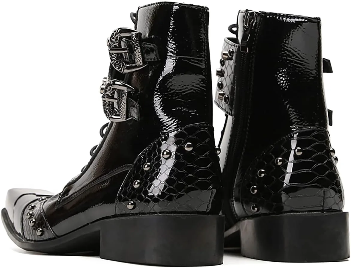 

Мужские ковбойские сапоги Santimon в западном стиле - настоящая кожа, верх MIP, мотоциклетные сапоги с металлическим квадратным носком и пряжками для свадьбы, бала или вечеринки, черный