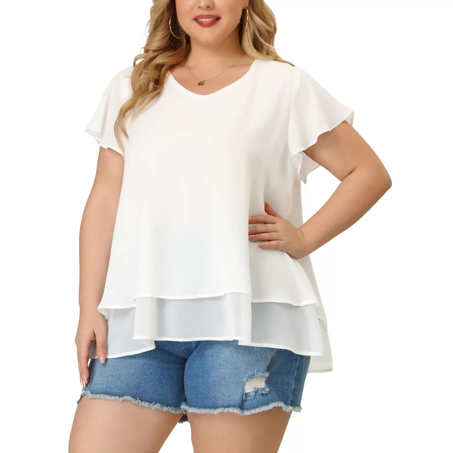 

Женская повседневная двухслойная шифоновая блузка с расклешенными рукавами и топом больших размеров Agnes Orinda