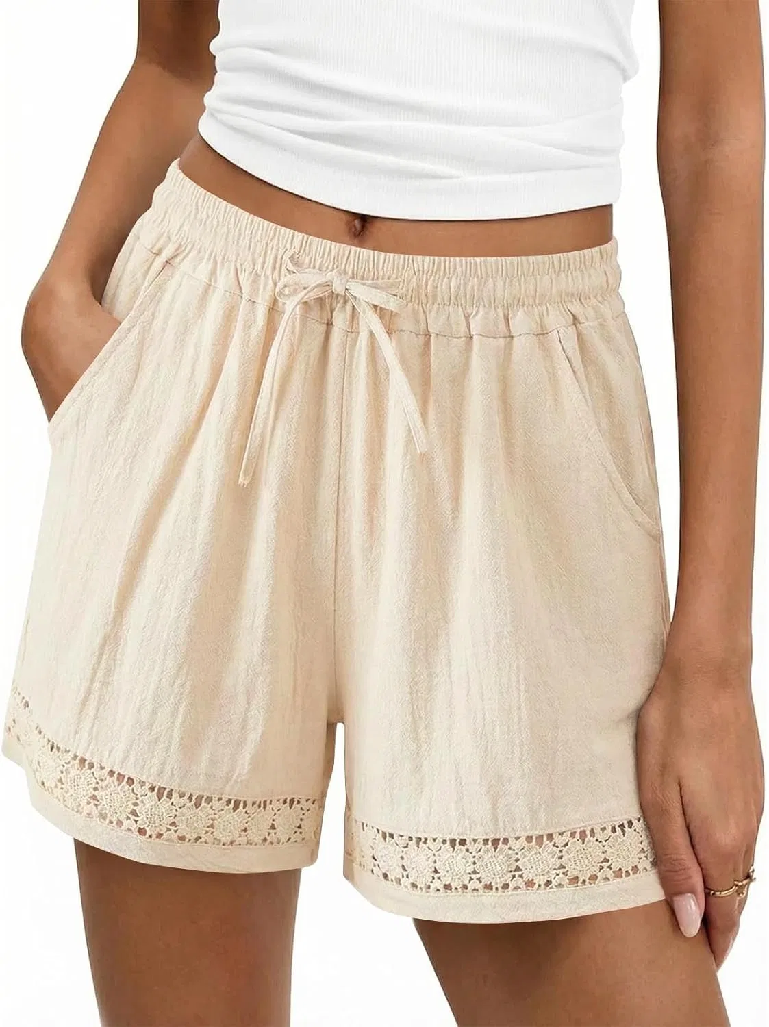 Шорты женские с кружевом, хлопок-лен, Elastic Waist Drawstring, Beige — фото 2