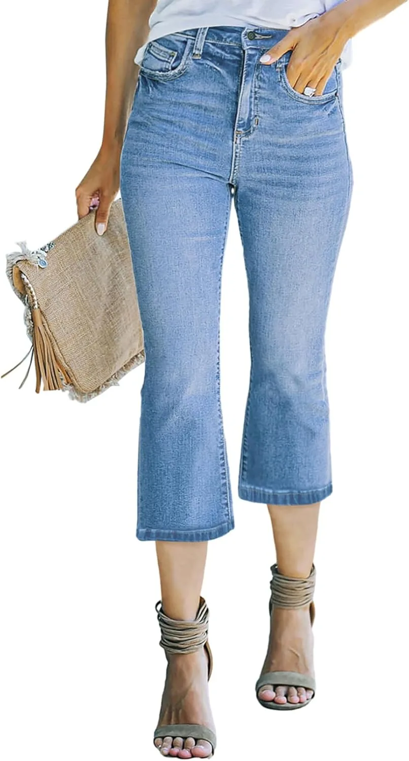 

BEZEKC женские джинсы капри с высокой талией и расклешенным низом