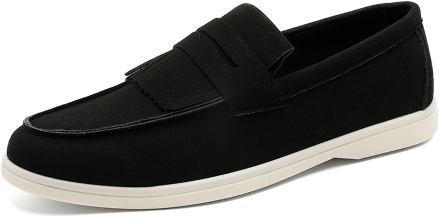 

Мужские туфли-лоферы из замши с кисточками, без шнуровки, легкие с плоским каблуком, низким верхом и круглым носком, мягкие, с противоскользящей подошвой, повседневные пенни-лоферы для официального бизнеса и свадеб Qwuieoin, черный