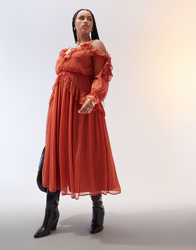 

Ржавое платье миди с открытыми плечами и оборками ASOS DESIGN Curve