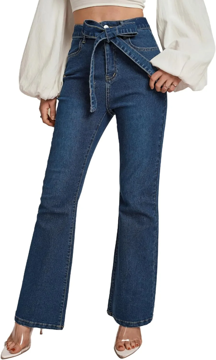 

Женские джинсы с высокой талией и расклешенным силуэтом, потертые и со стиркой QLAUYIOE