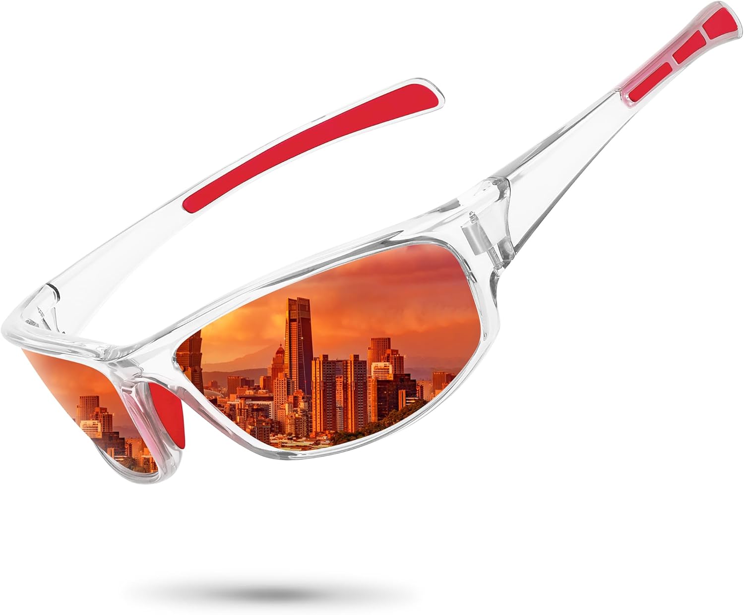 

Спортивные поляризованные солнцезащитные очки для мужчин и женщин, обтекаемой формы, для рыбалки, велоспорта, вождения, бега, с защитой от УФ-излучения Ofwin, Clear Frame/Red Mirror Lens