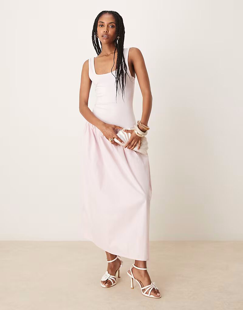 

Платье макси из поплинового микса ASOS DESIGN с квадратным вырезом розового цвета