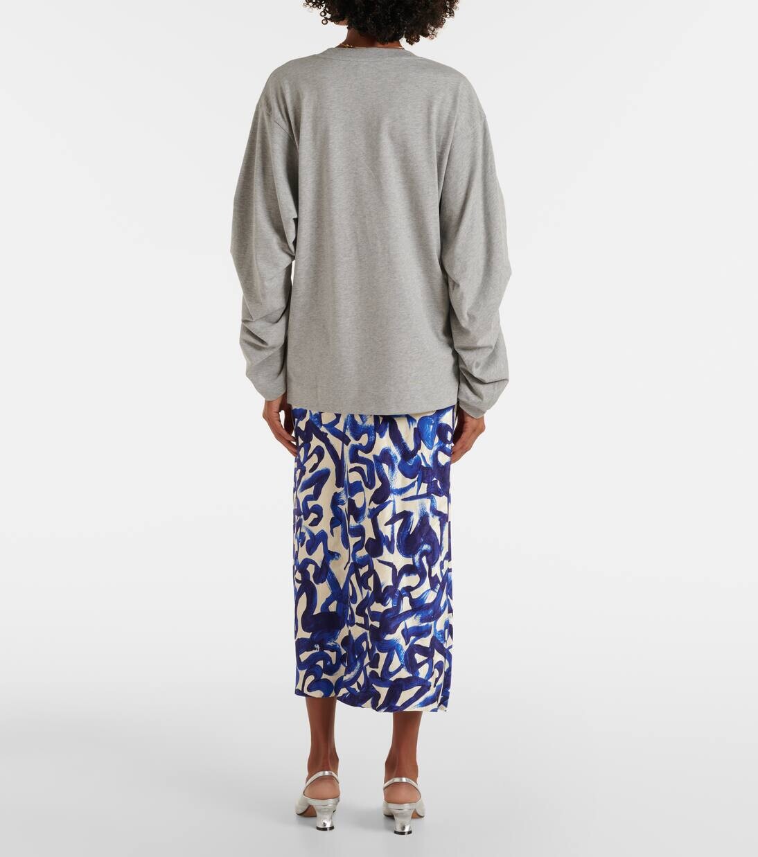 Топ свободного покроя из хлопкового джерси со сборками Dries Van Noten, серый меланж — фото 3
