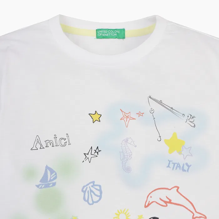 Детская футболка с графическим принтом "Океан" белого цвета от Benetton Kids — фото 3