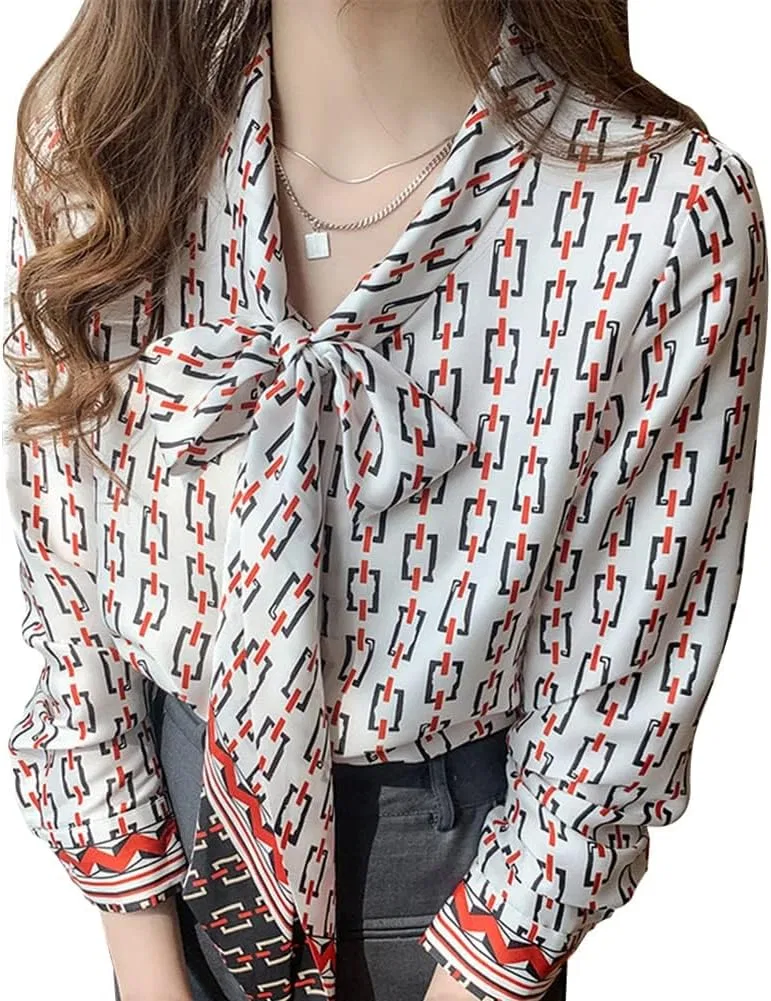 Блуза с цветочным принтом и бантом, Bowtie Blouse, белый
