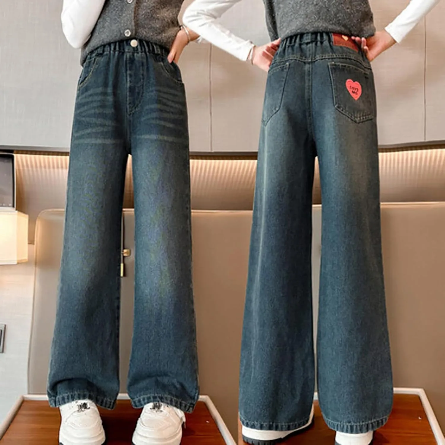 Джинсы для девочки Cute Preppy Trousers Y2k Streetwear Washed Wide Leg Denim Pants Elastic High Waisted Strechy Pull on Pant — фото 2