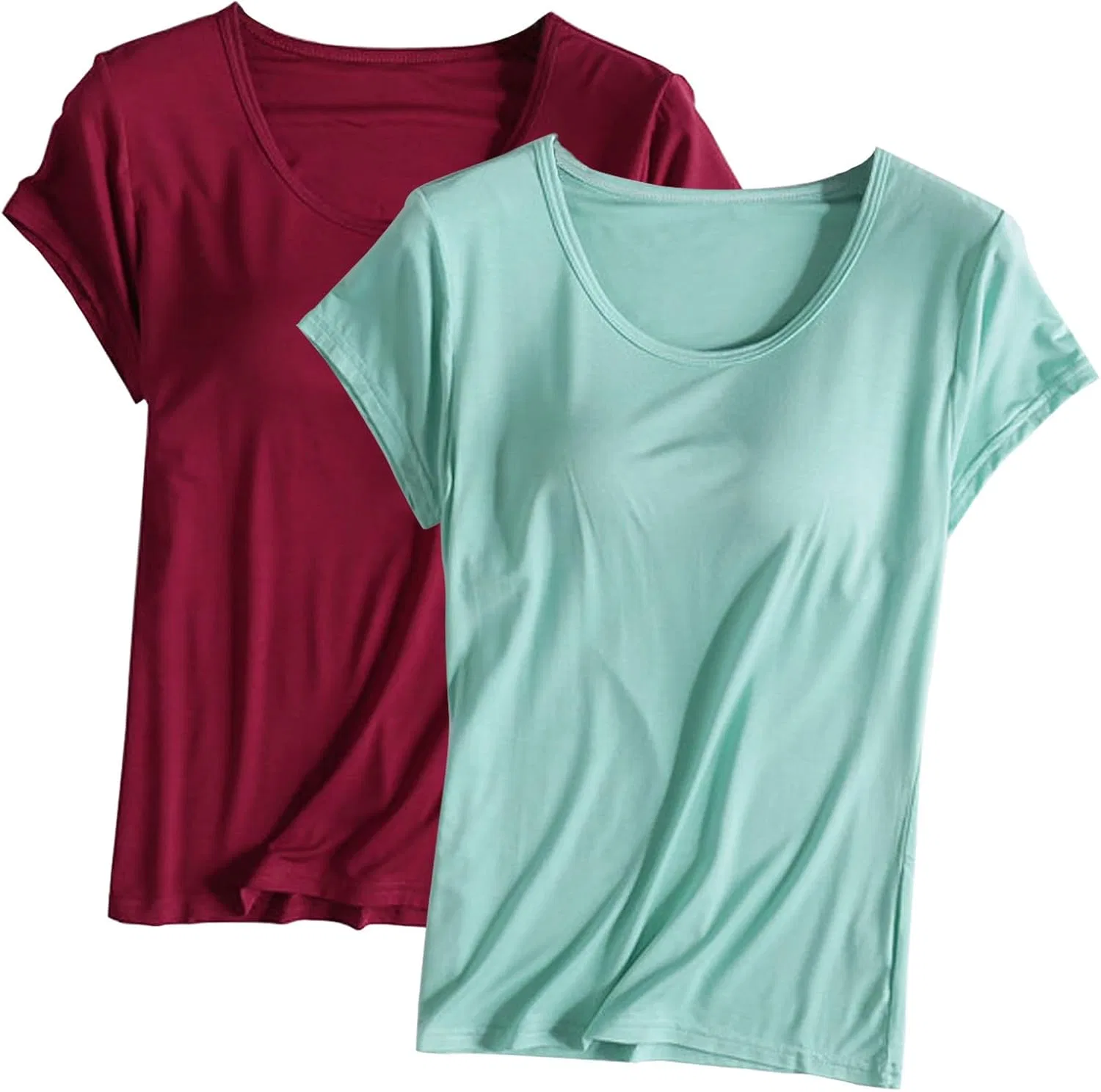 Футболка с встроенным бюстгальтером для тренировок, 2 шт, Mint Green+Wine