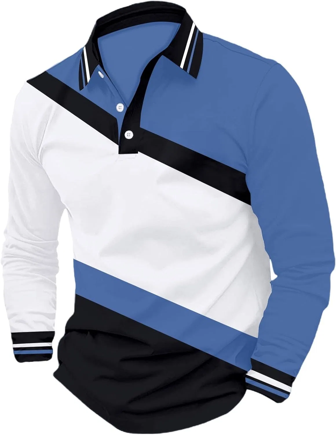 Мужское поло с длинным рукавом, цветовой блок, Generic, 1d-sky Blue — фото 3